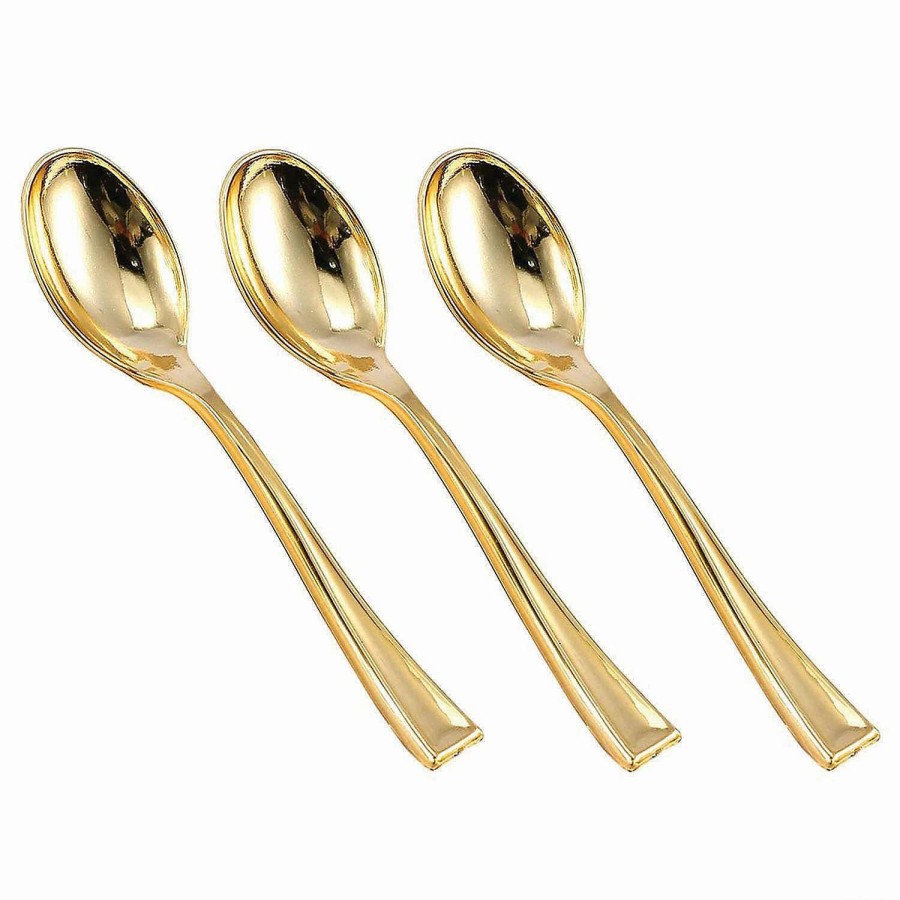 Cutlery * | Best Deal Premium Shiny Metallic Gold Mini Plastic Disposable Tasting Spoons (600 Spoons)