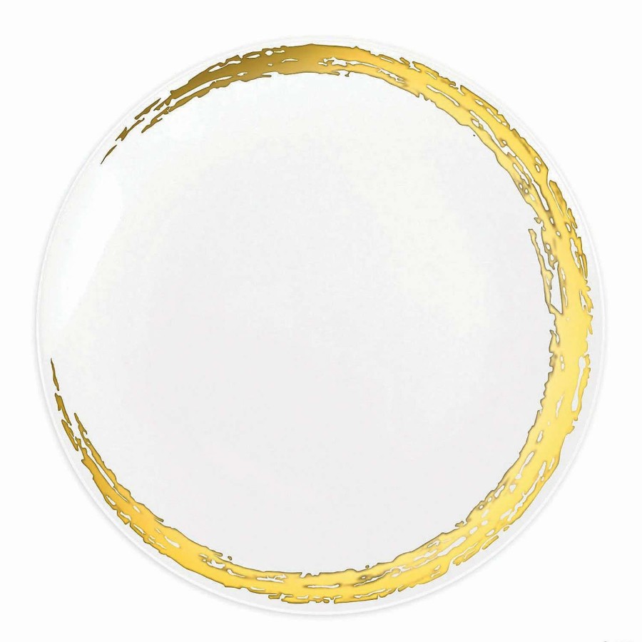 Party Plates * | Best Sale Kaya Collection 10.25 White With Gold Moonlight Round Disposable Plastic Dinner Plates (120 Plates)