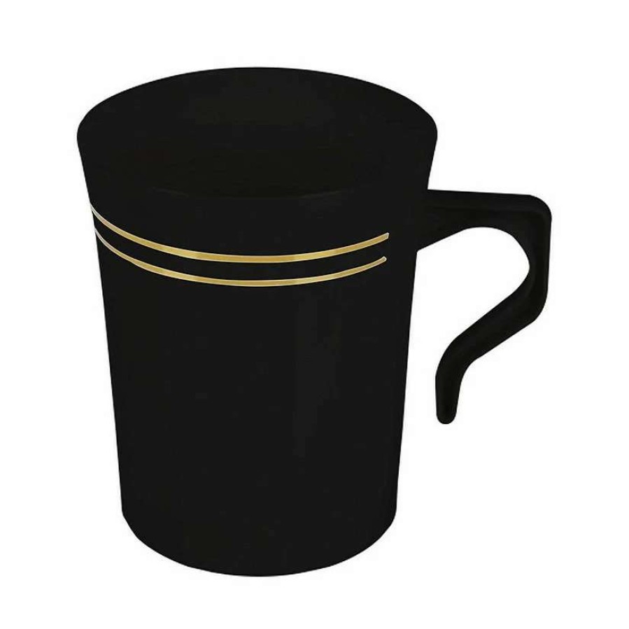 Drinkware * | Cheap 8 Oz. Black With Gold Edge Rim Round Plastic Coffee Mugs (120 Mugs)