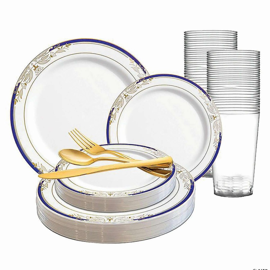 Bowls * | Wholesale White With Blue And Gold Harmony Rim Plastic Dinnerware Value Set (20 Settings)