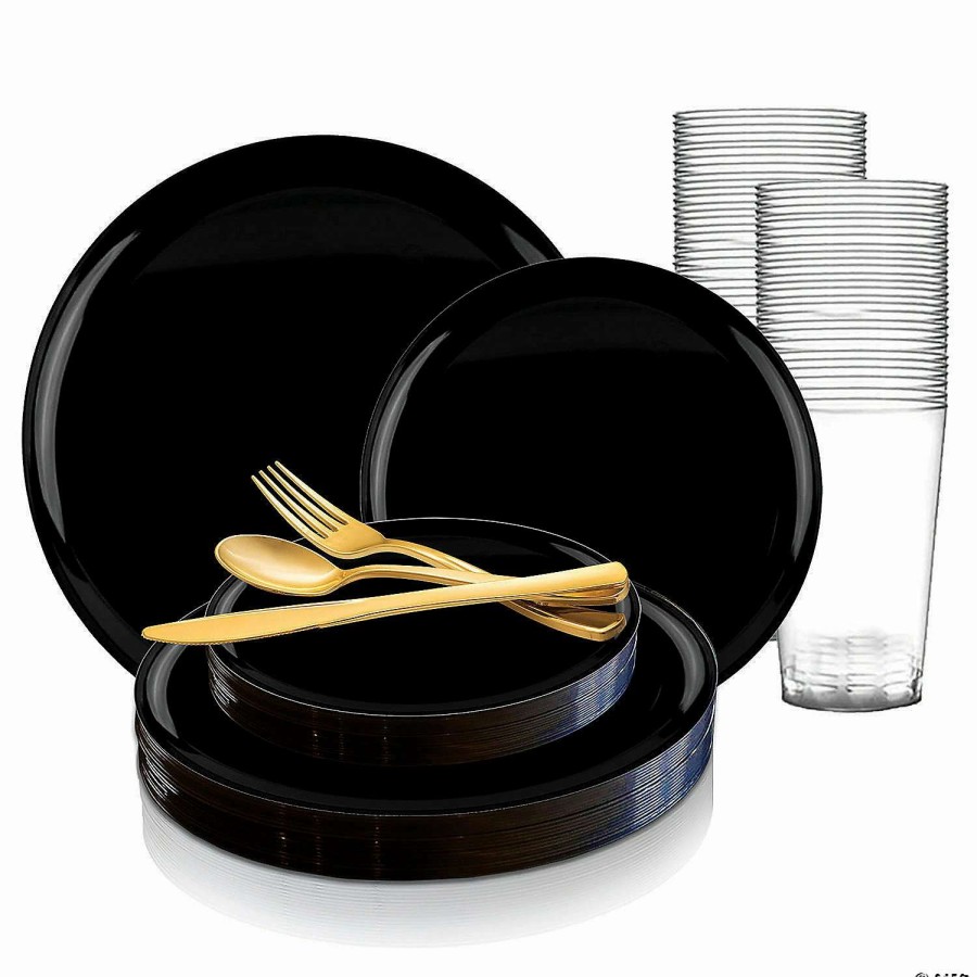 Table Covers * | Flash Sale Black Flat Round Disposable Plastic Dinnerware Value Set (60 Settings)