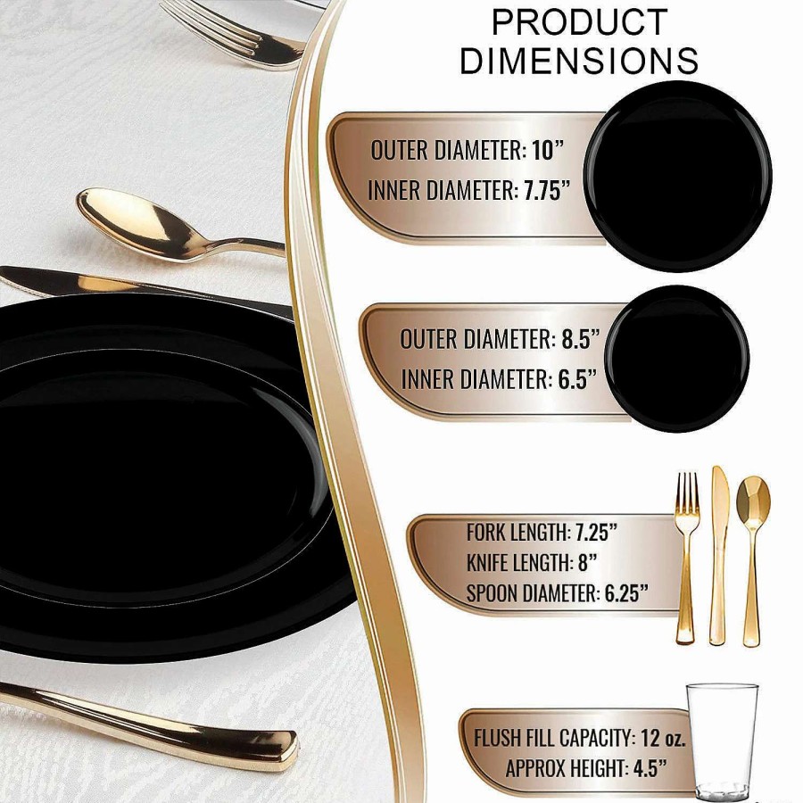 Table Covers * | Flash Sale Black Flat Round Disposable Plastic Dinnerware Value Set (60 Settings)