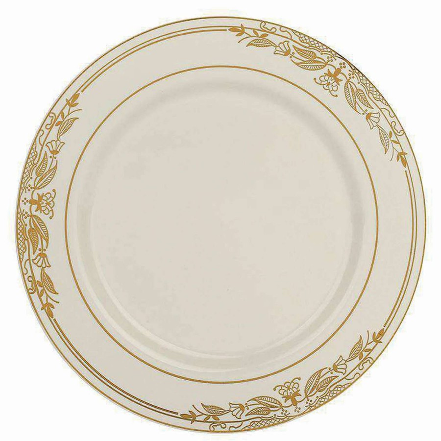 Party Plates * | Top 10 Kaya Collection 10.25 Ivory With Gold Harmony Rim Plastic Dinner Plates (120 Plates)