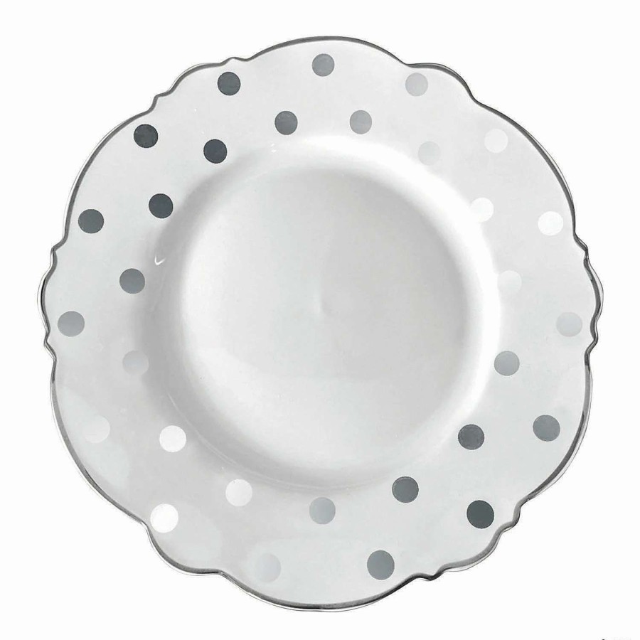 Party Plates * | Top 10 Premium 7.5 White With Silver Dots Round Blossom Disposable Plastic Salad Plates (120 Plates)