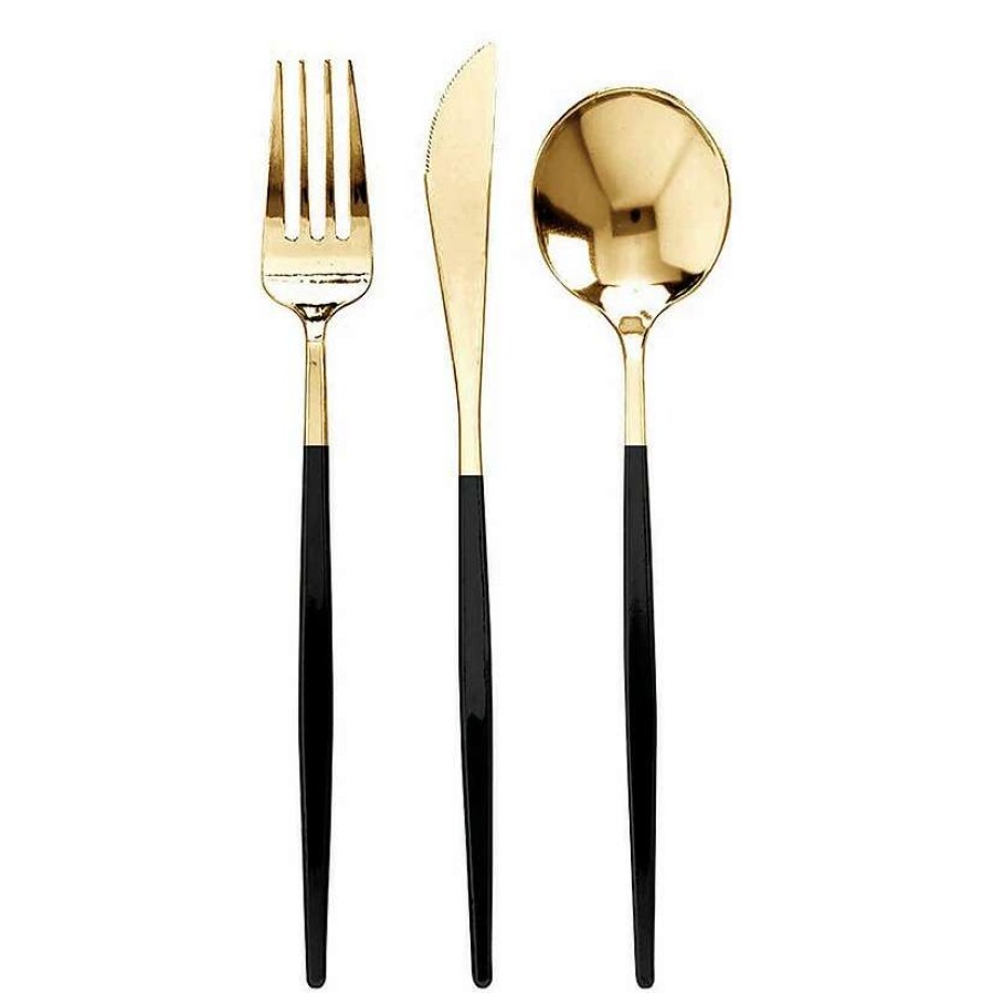 Cutlery * | New Gold With Black Handle Moderno Disposable Plastic Cutlery Set Spoons, Forks And Knives (240 Guests)