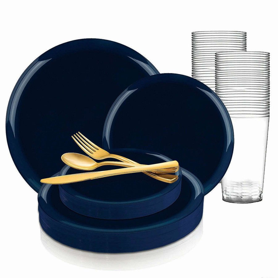 Table Covers * | Cheapest Navy Flat Round Disposable Plastic Dinnerware Value Set (60 Settings)