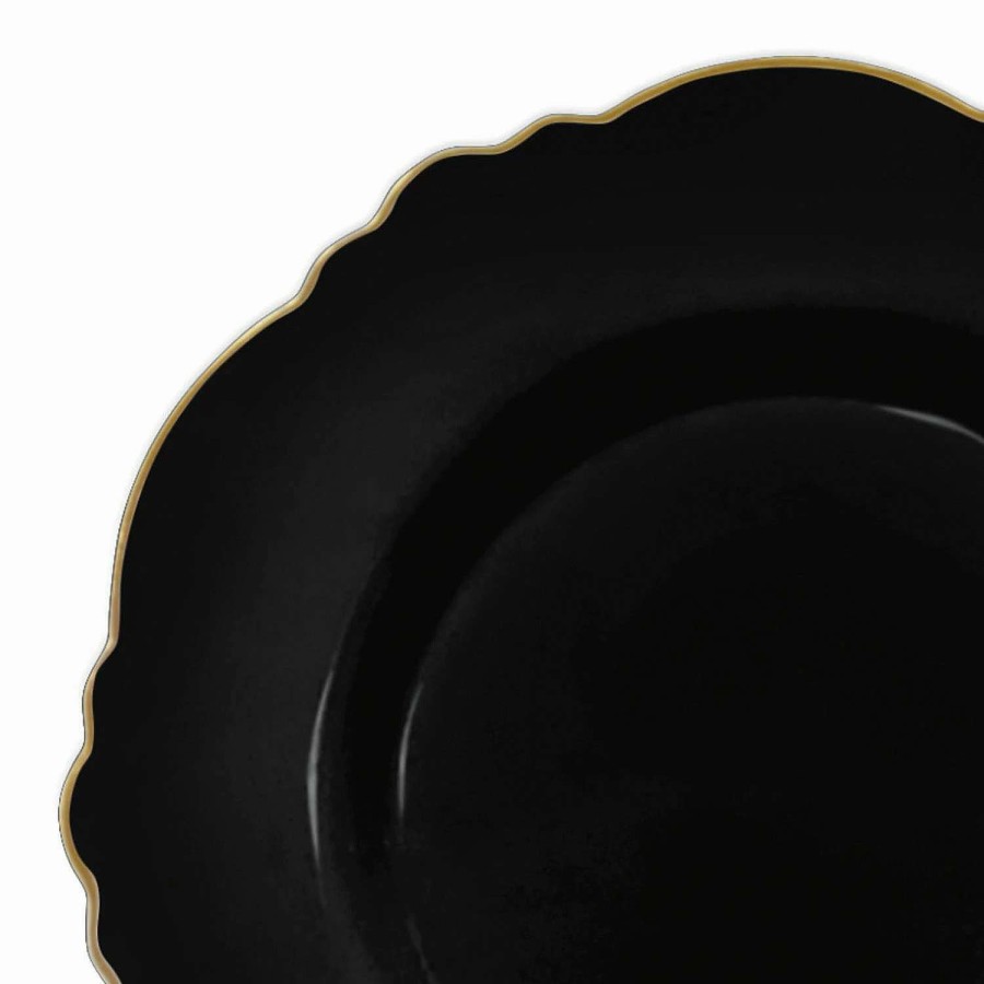 Party Plates * | Best Pirce 10.25 Black With Gold Rim Round Blossom Disposable Plastic Dinner Plates (50 Plates)