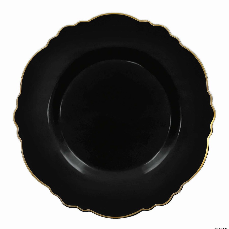 Party Plates * | Best Pirce 10.25 Black With Gold Rim Round Blossom Disposable Plastic Dinner Plates (50 Plates)