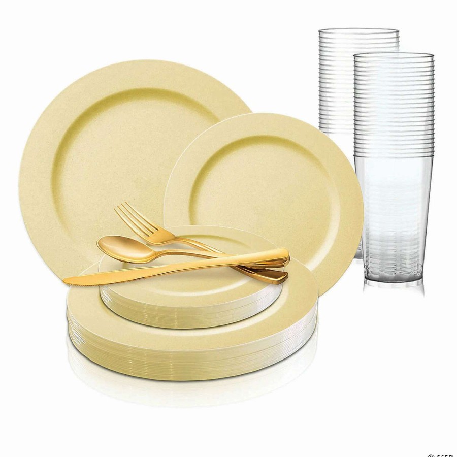 Table Covers * | Deals Matte Bright Yellow Round Disposable Plastic Dinnerware Value Set (60 Settings)