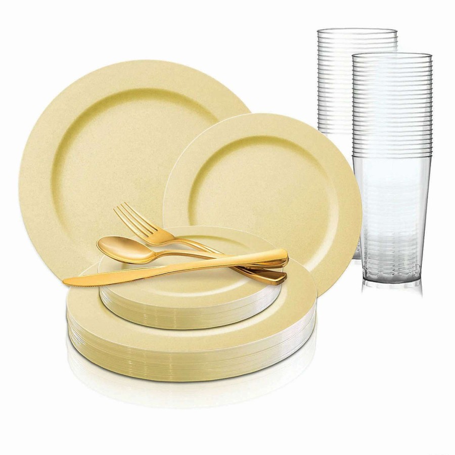 Table Covers * | Deals Matte Bright Yellow Round Disposable Plastic Dinnerware Value Set (20 Settings)