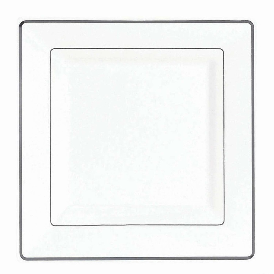 Party Plates * | New Kaya Collection 9.5 White With Silver Square Edge Rim Plastic Dinner Plates (120 Plates)