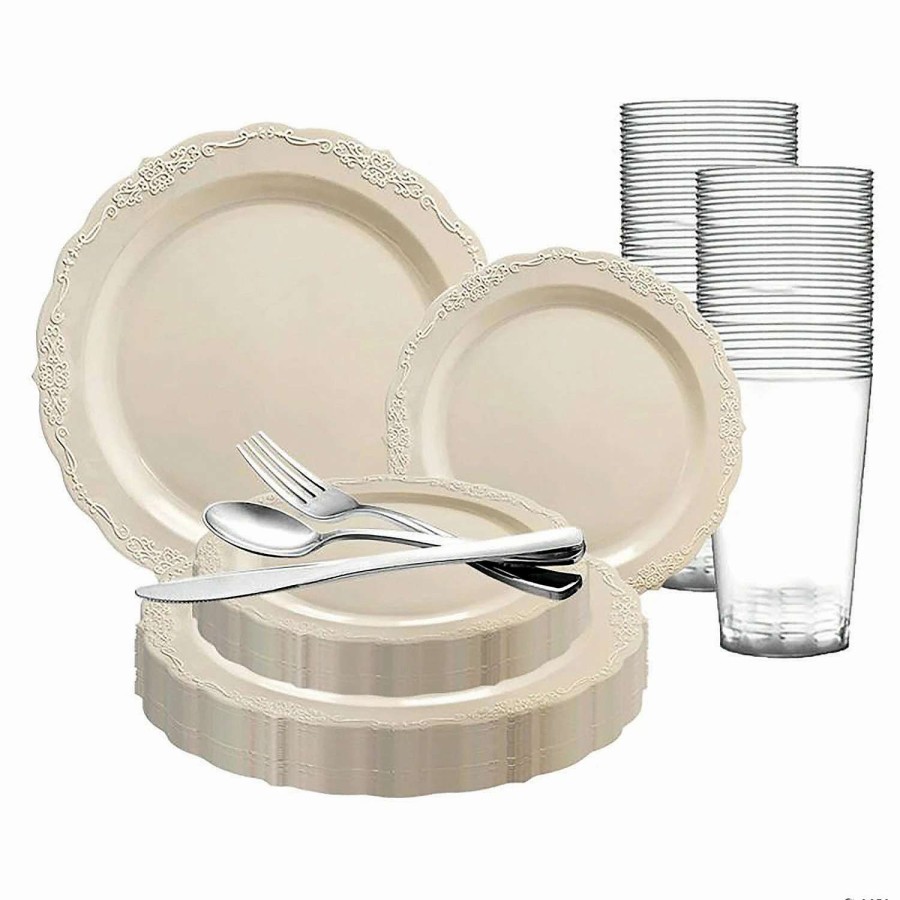 Bowls * | Discount Ivory Vintage Round Disposable Plastic Dinnerware Value Set (60 Settings)