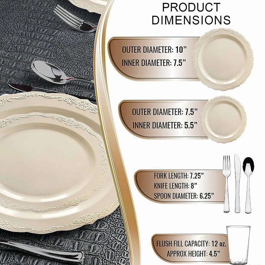 Bowls * | Discount Ivory Vintage Round Disposable Plastic Dinnerware Value Set (60 Settings)