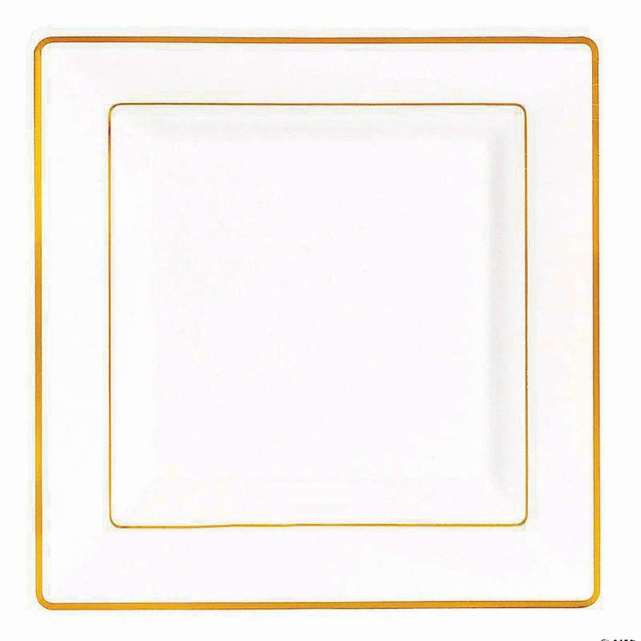 Party Plates * | Best Deal Kaya Collection 9.5 White With Gold Square Edge Rim Plastic Dinner Plates (120 Plates)