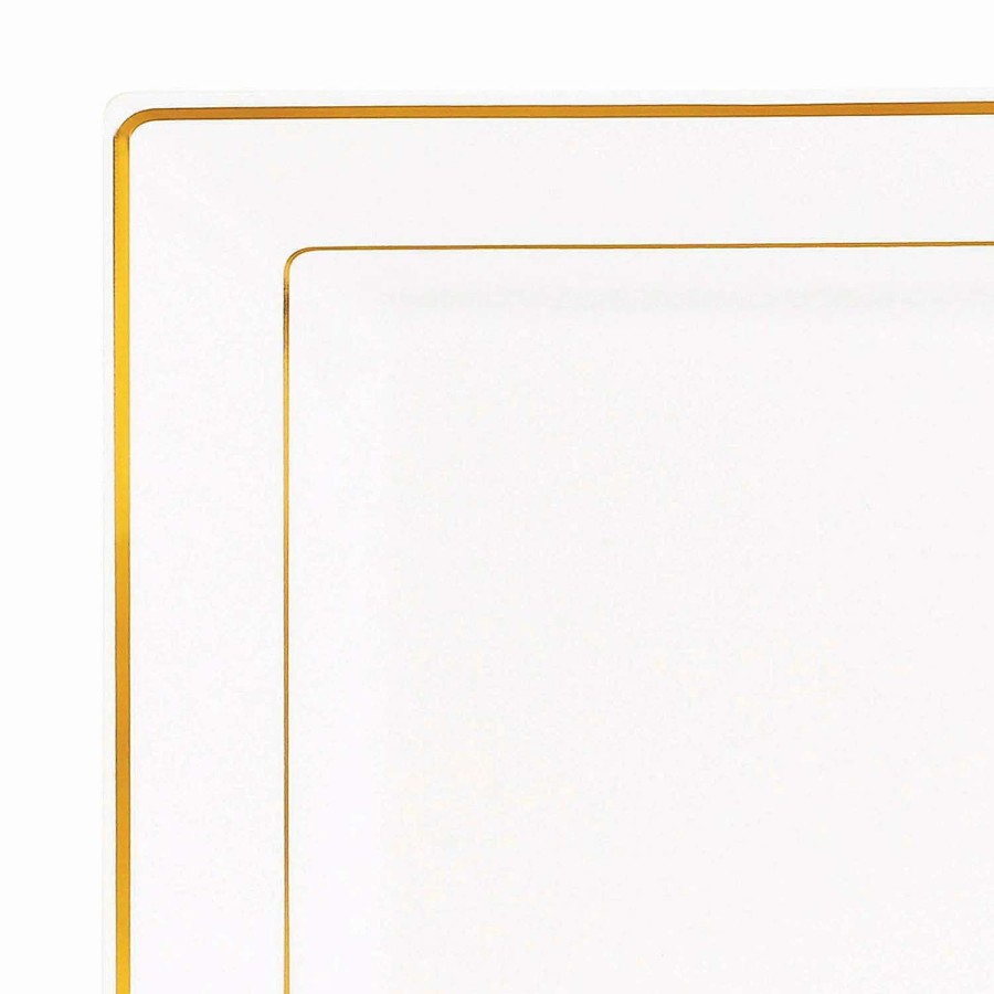 Party Plates * | Best Deal Kaya Collection 9.5 White With Gold Square Edge Rim Plastic Dinner Plates (120 Plates)