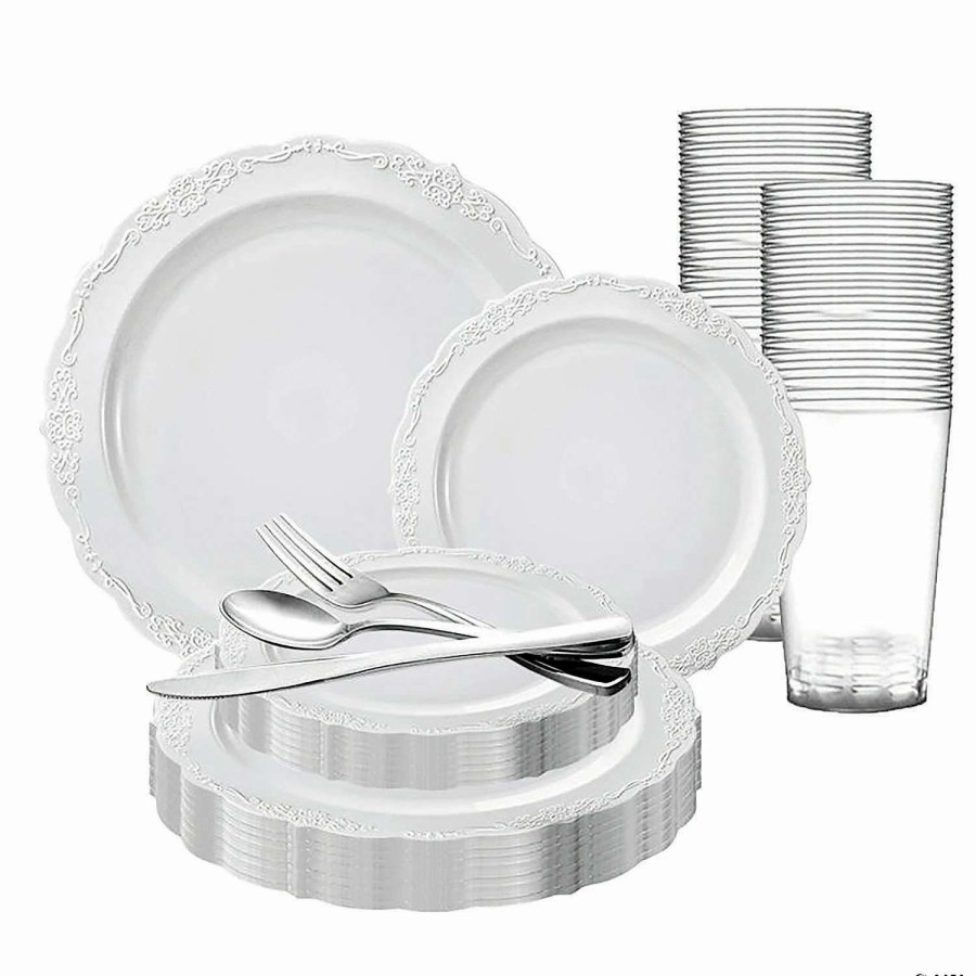 Bowls * | Budget White Vintage Round Disposable Plastic Dinnerware Value Set (60 Settings)