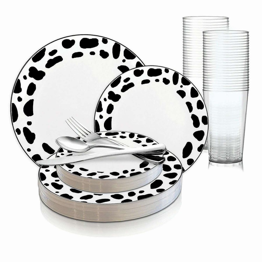 Party Plates * | Coupon White With Black Dalmatian Spots Round Disposable Plastic Dinnerware Value Set (120 Settings)