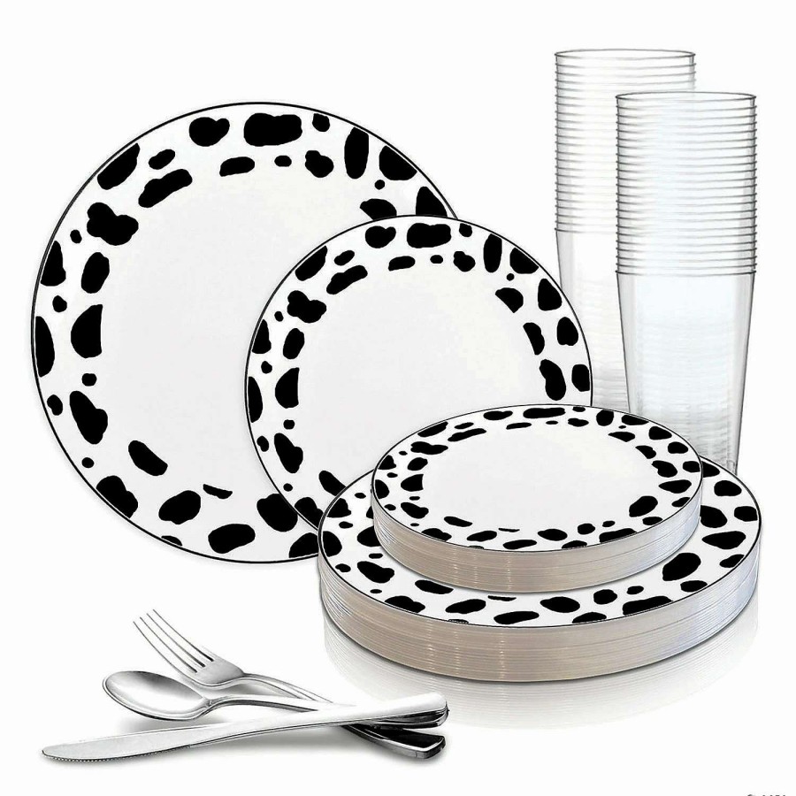 Party Plates * | Coupon White With Black Dalmatian Spots Round Disposable Plastic Dinnerware Value Set (120 Settings)