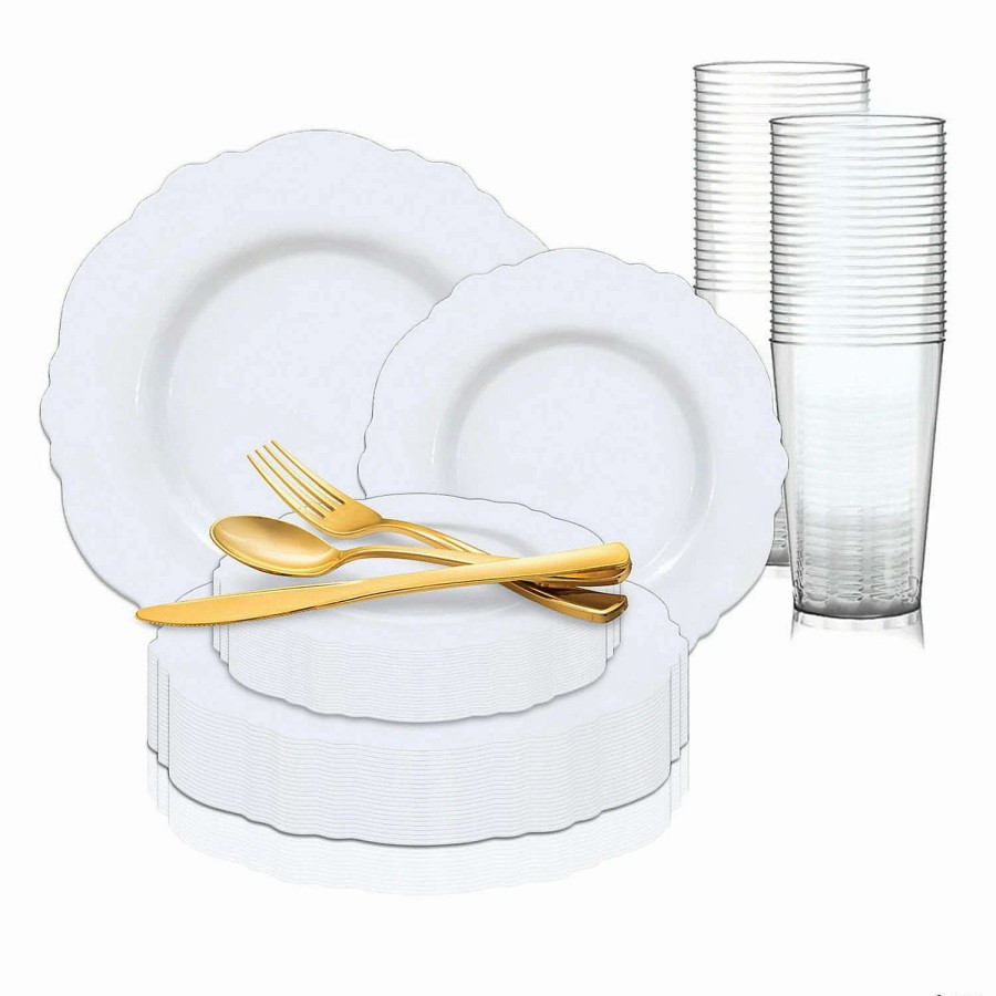 Table Covers * | Outlet Solid White Round Blossom Disposable Plastic Dinnerware Value Set (120 Settings)