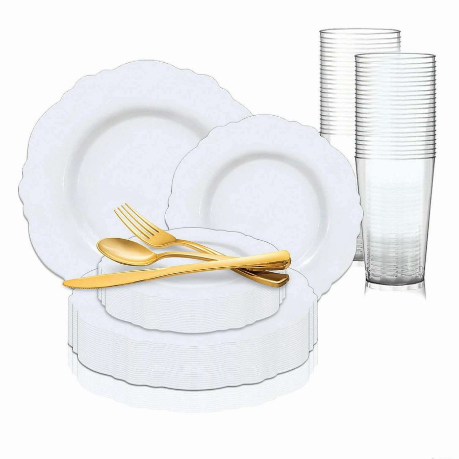 Table Covers * | Coupon Solid White Round Blossom Disposable Plastic Dinnerware Value Set (20 Settings)