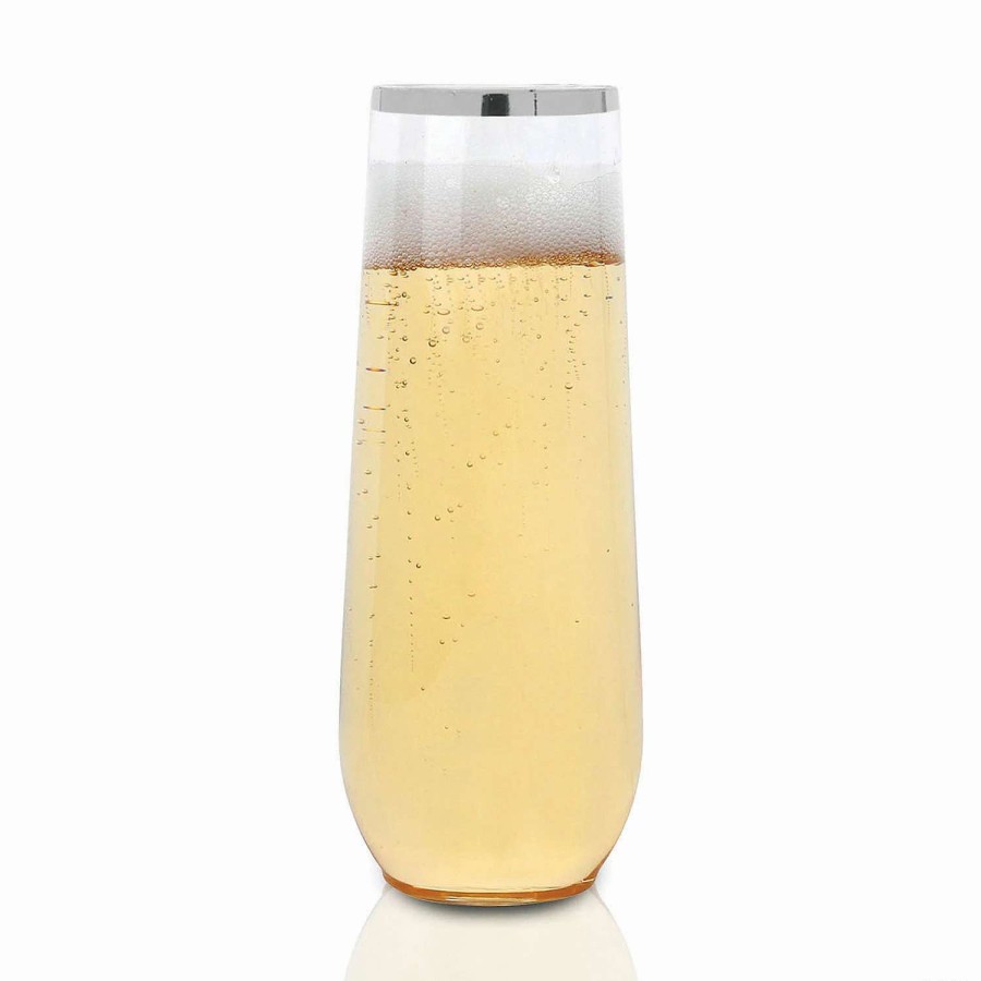 Drinkware * | Best Pirce 9 Oz. Clear With Silver Stemless Plastic Champagne Flutes (64 Glasses)