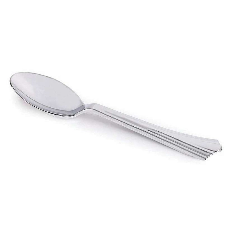 Cutlery * | New Shiny Metallic Groove Silver Plastic Spoons (336 Spoons)