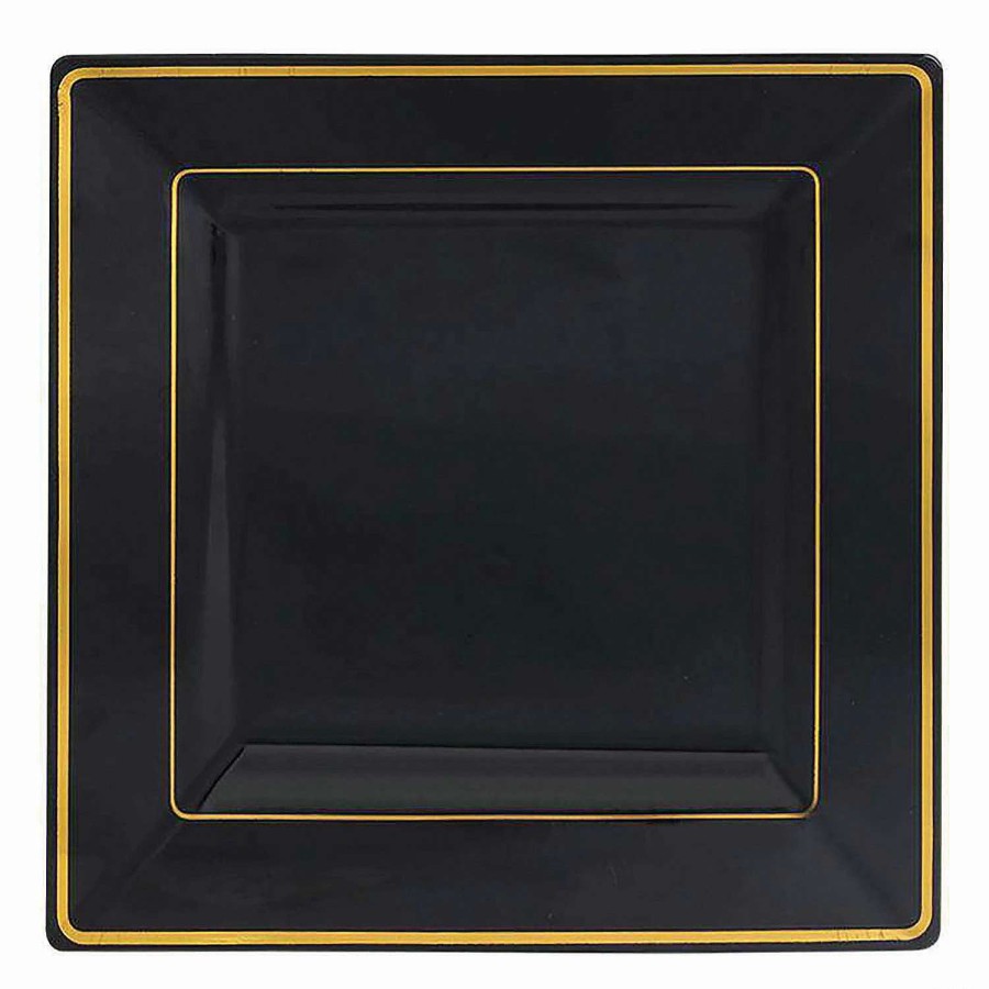 Party Plates * | Hot Sale 6.5 Black With Gold Square Edge Rim Plastic Appetizer/Salad Plates (70 Plates)