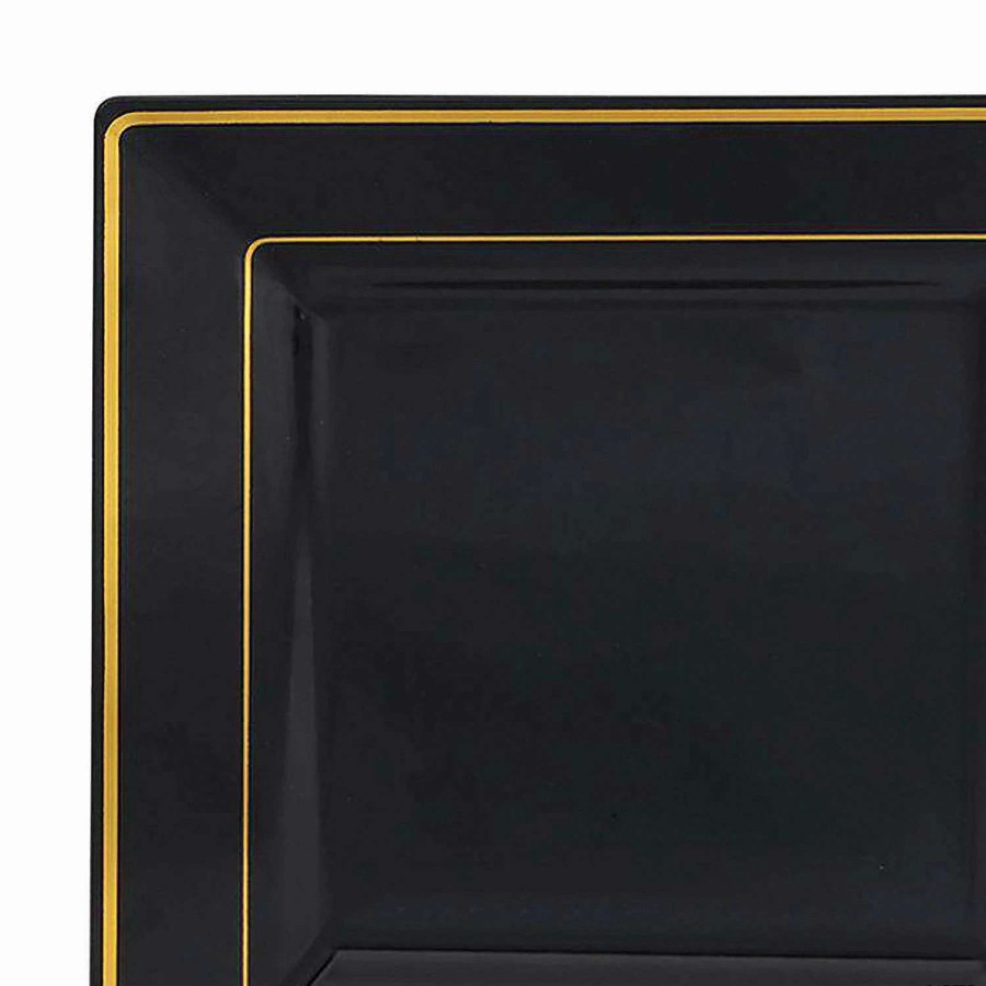 Party Plates * | Hot Sale 6.5 Black With Gold Square Edge Rim Plastic Appetizer/Salad Plates (70 Plates)