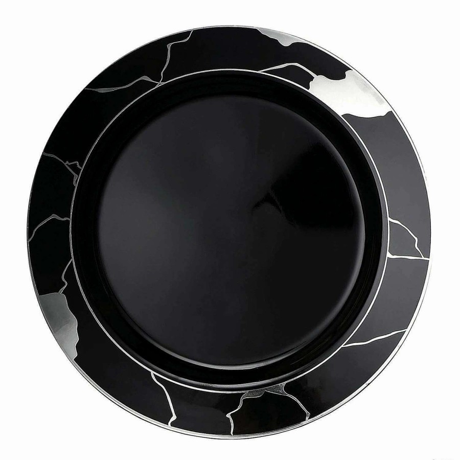 Party Plates * | Discount 7.5 Black With Silver Marble Disposable Plastic Appetizer/Salad Plates (90 Plates)