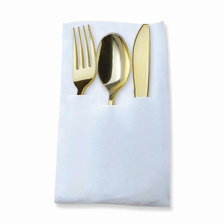 Cutlery * | Hot Sale Premium Gold Plastic Cutlery In White Pocket Napkin Set Napkins, Forks, Knives, And Spoons (70 Sets)