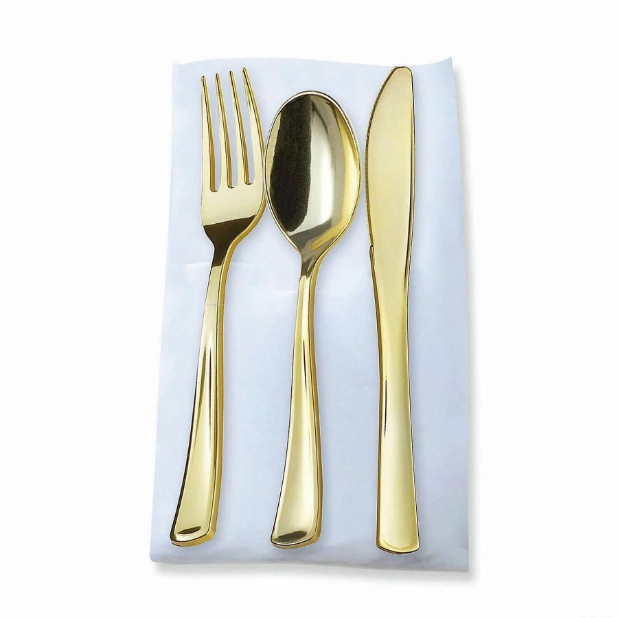 Cutlery * | Hot Sale Premium Gold Plastic Cutlery In White Pocket Napkin Set Napkins, Forks, Knives, And Spoons (70 Sets)