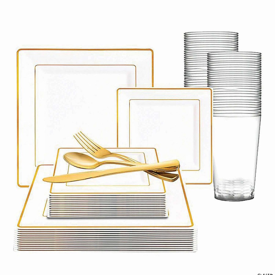 Bowls * | Cheap White With Gold Square Edge Rim Plastic Dinnerware Value Set (120 Settings)