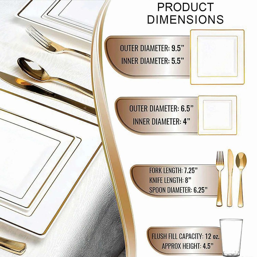 Bowls * | Cheap White With Gold Square Edge Rim Plastic Dinnerware Value Set (120 Settings)