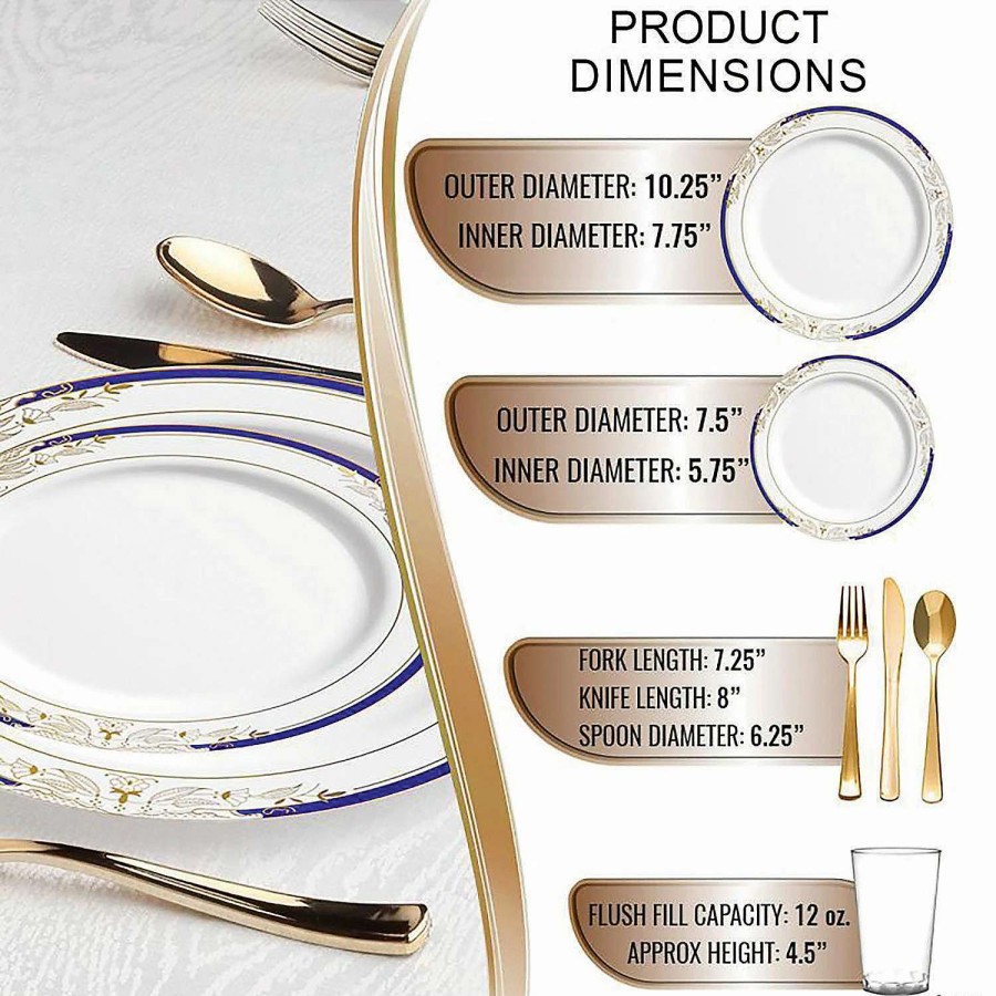 Bowls * | Best Deal White With Blue And Gold Harmony Rim Plastic Dinnerware Value Set (120 Settings)