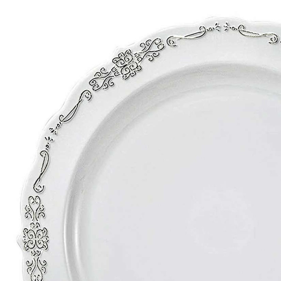 Party Plates * | Wholesale 7.5 White With Silver Vintage Rim Round Disposable Plastic Appetizer/Salad Plates (90 Plates)