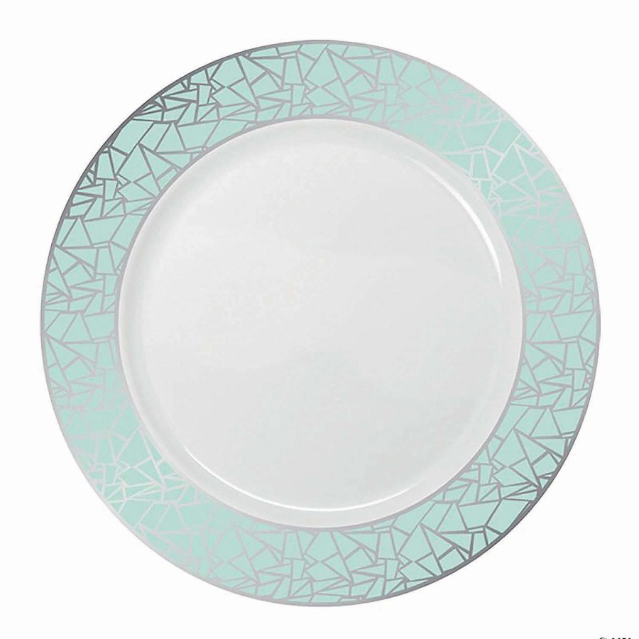 Party Plates * | New 10.25 White With Turquoise Blue And Silver Mosaic Rim Round Plastic Dinner Plates (40 Plates)