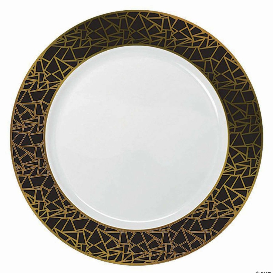 Party Plates * | New Kaya Collection 7.5 White With Black And Gold Mosaic Rim Round Plastic Appetizer/Salad Plates (120 Plates)