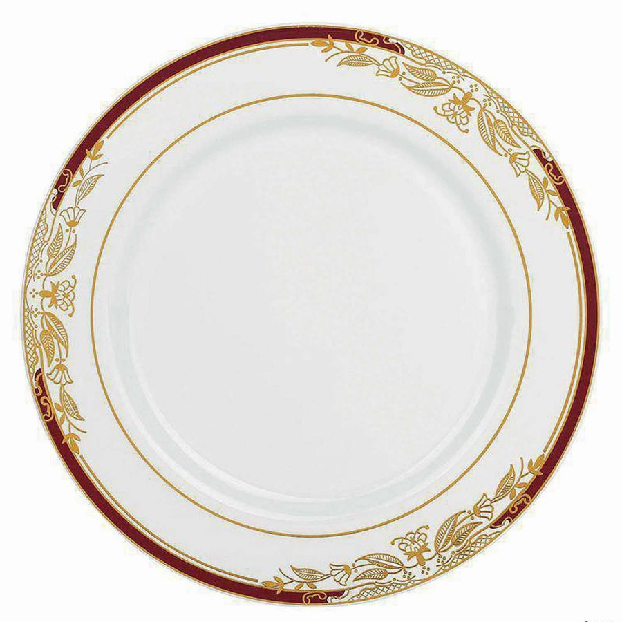 Party Plates * | Top 10 Kaya Collection 10.25 White With Burgundy And Gold Harmony Rim Plastic Dinner Plates (120 Plates)