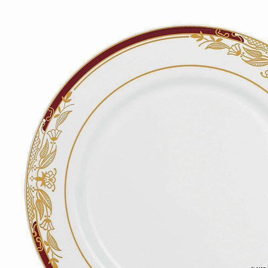 Party Plates * | Top 10 Kaya Collection 10.25 White With Burgundy And Gold Harmony Rim Plastic Dinner Plates (120 Plates)