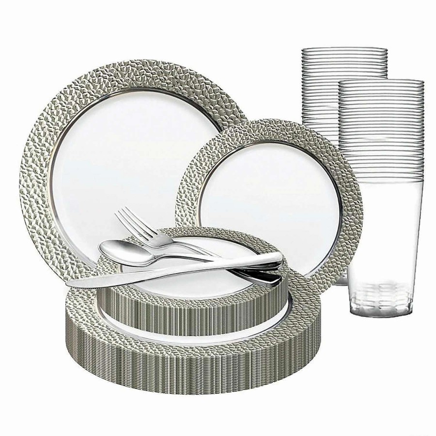 Bowls * | Outlet White With Silver Hammered Rim Round Plastic Dinnerware Value Set (120 Settings)