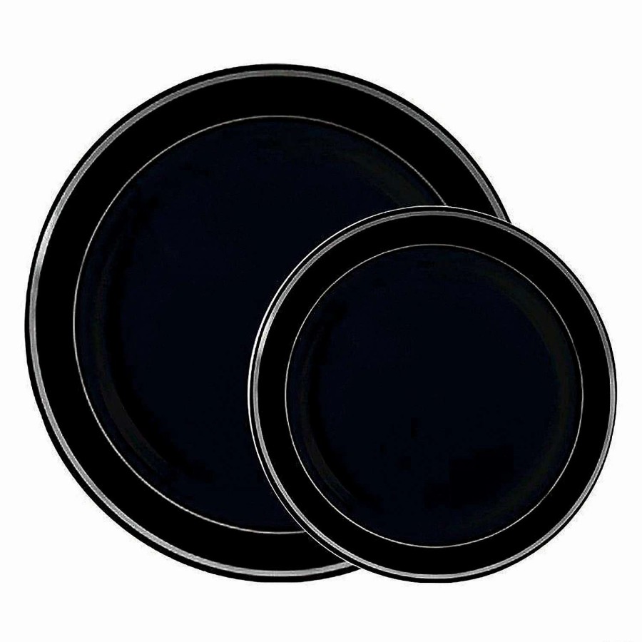 Party Plates * | New Black With Silver Edge Rim Plastic Dinnerware Value Set (120 Dinner Plates + 120 Salad Plates)