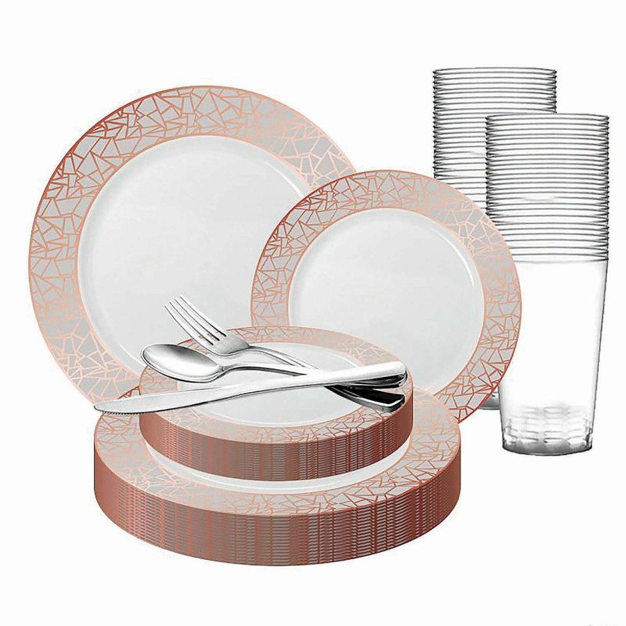 Bowls * | Top 10 White With Silver And Rose Gold Mosaic Rim Round Plastic Dinnerware Value Set (20 Settings)