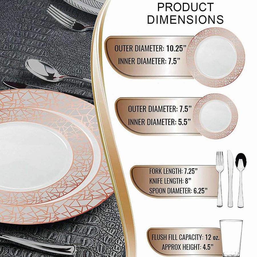 Bowls * | Top 10 White With Silver And Rose Gold Mosaic Rim Round Plastic Dinnerware Value Set (20 Settings)