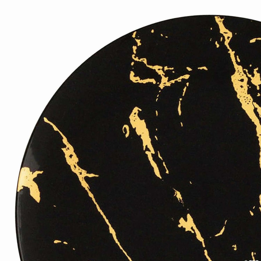 Party Plates * | Flash Sale 10.25 Black With Gold Marble Stroke Round Disposable Plastic Dinner Plates (40 Plates)