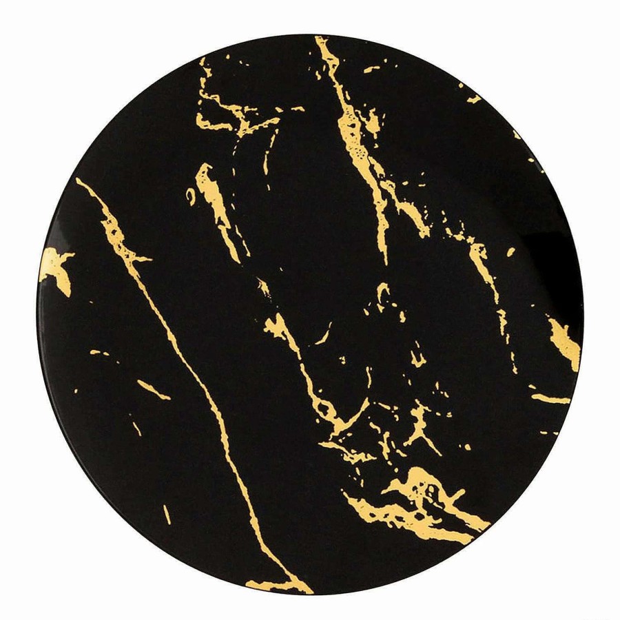 Party Plates * | Flash Sale 10.25 Black With Gold Marble Stroke Round Disposable Plastic Dinner Plates (40 Plates)