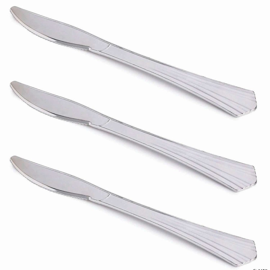 Cutlery * | Wholesale Kaya Collection Shiny Metallic Groove Silver Plastic Knives (600 Knives)