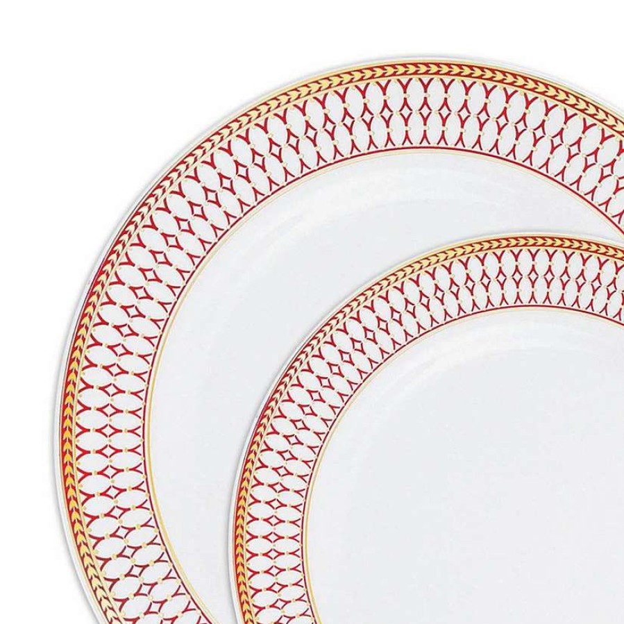 Party Plates * | New White With Red And Gold Chord Rim Plastic Dinnerware Value Set (40 Dinner Plates + 40 Salad Plates)