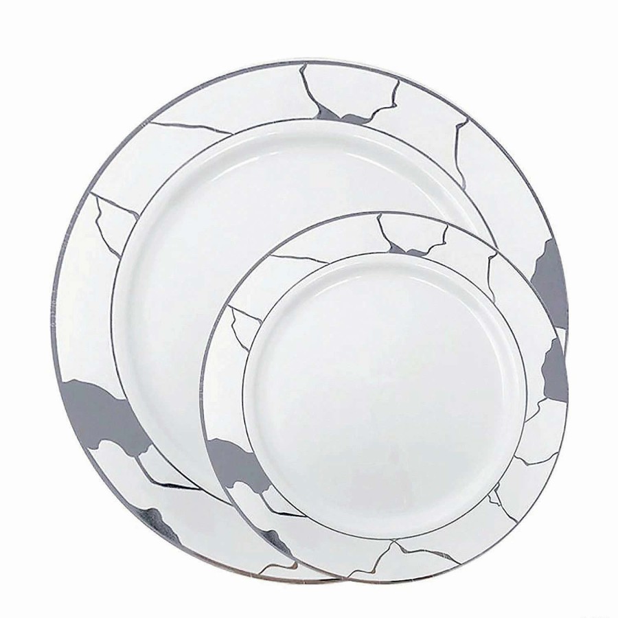 Party Plates * | Best Pirce White With Silver Marble Disposable Plastic Dinnerware Value Set (120 Dinner Plates + 120 Salad Plates)