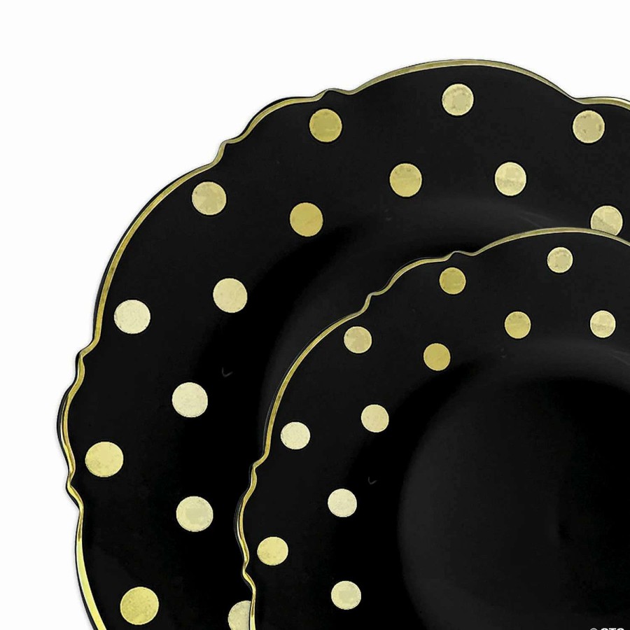 Party Plates * | Top 10 Black With Gold Dots Round Blossom Disposable Plastic Dinnerware Value Set (40 Dinner Plates + 40 Salad Plates)