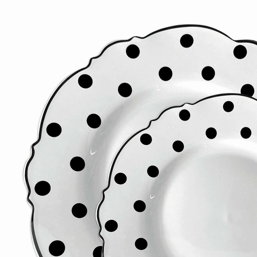 Party Plates * | Buy White With Black Dots Round Blossom Disposable Plastic Dinnerware Value Set (120 Dinner Plates + 120 Salad Plates)